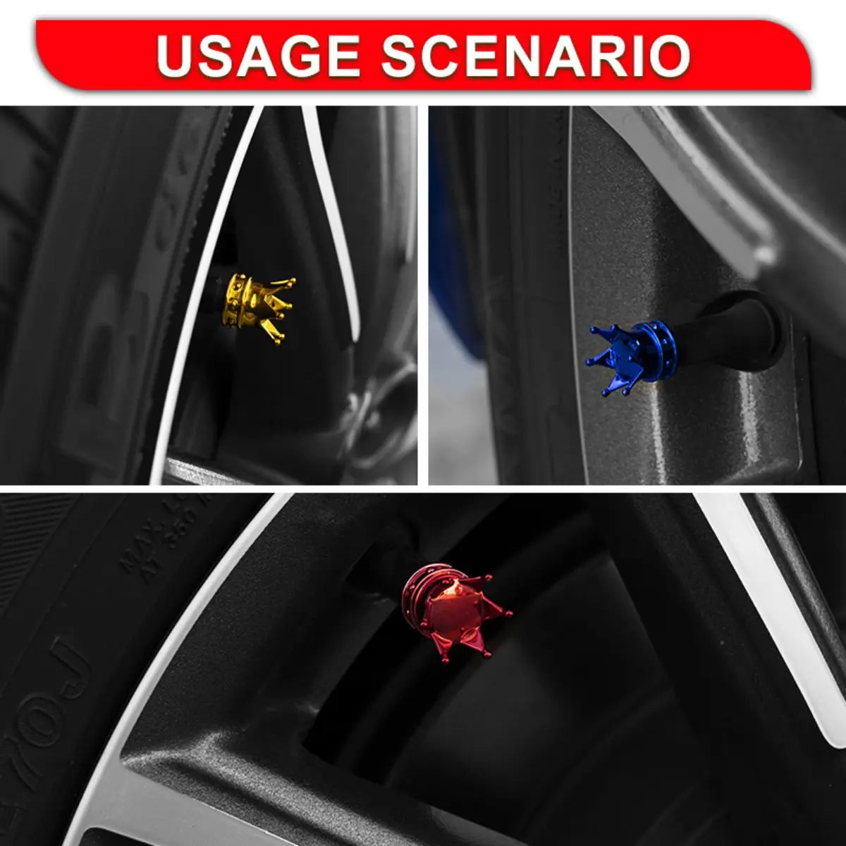 4 PCS Universal Crown Wheel Valve Covers Air Dustproof Waterproof Car Motorcycle Tyre Rim Covers Car Decoration Valve Caps