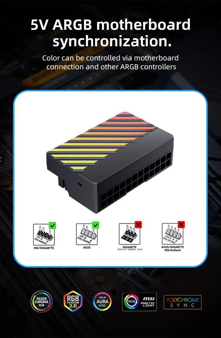 TEUCER ATX 24Pin ARGB Adapter, 90° RGB Power Cord Adapter for Computer Motherboard Power Supply