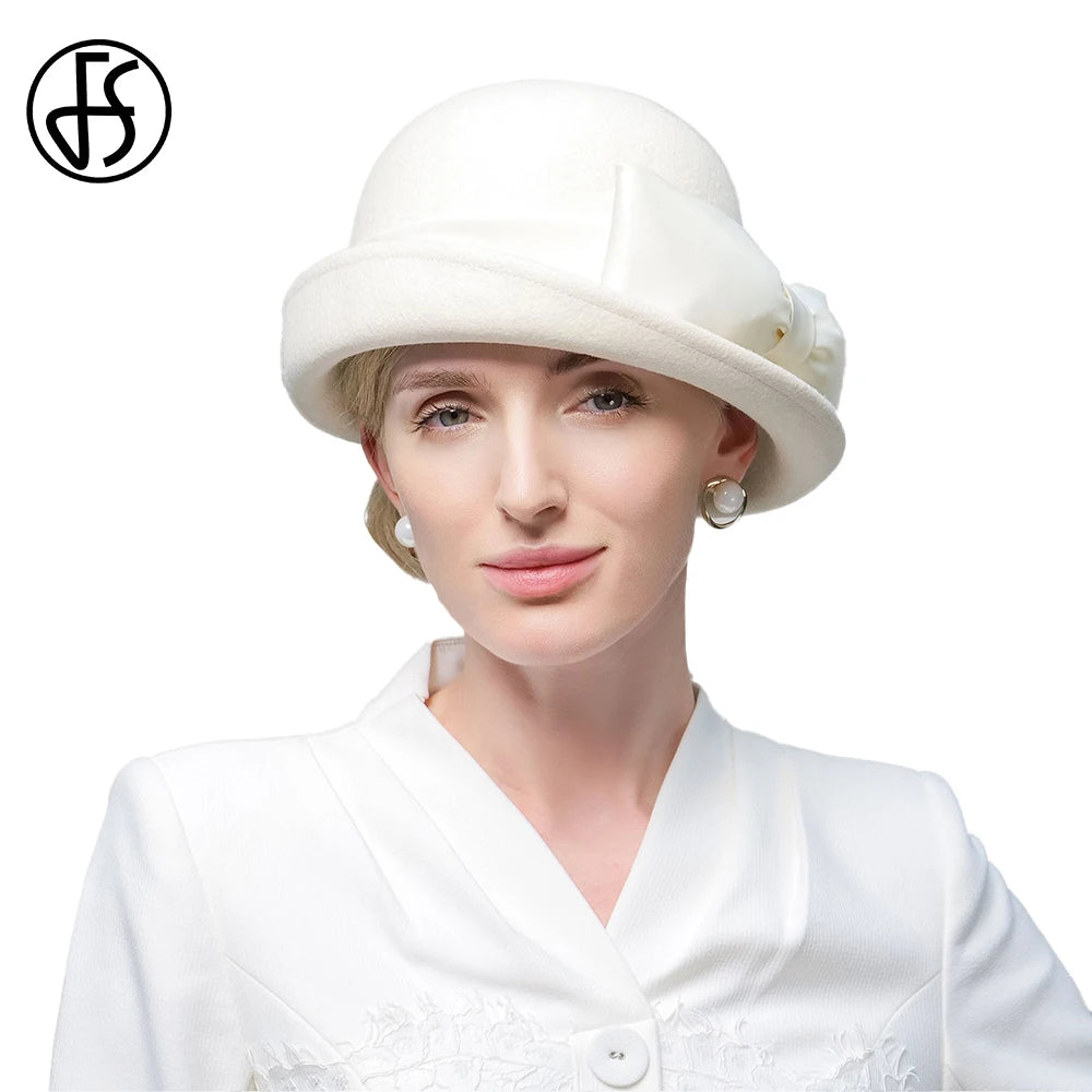 Wool Felt Fedoras Hats for Women Ladies White Black Elegant Curl Brim Top Hat for Wedding Bride Formal Church Cocktail Tea Party