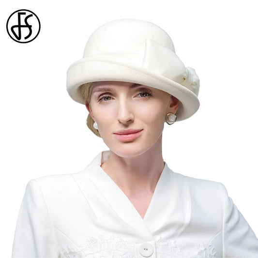 Wool Felt Fedoras Hats for Women Ladies White Black Elegant Curl Brim Top Hat for Wedding Bride Formal Church Cocktail Tea Party