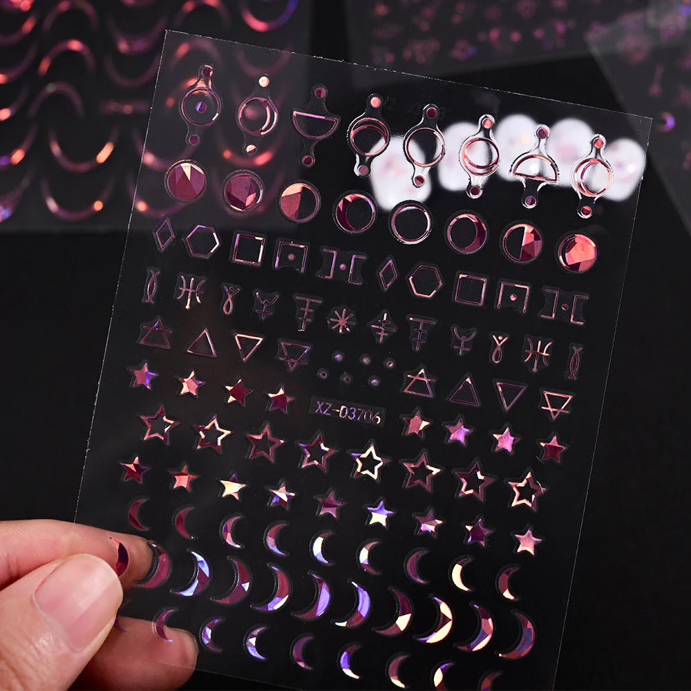 12Pcs Gold/Silver Tasse/Line/Star/Moon 3D Nail Art Stickers Leaf/Geometric Design Self-adhesive Sliders Luxury Manicure Decals