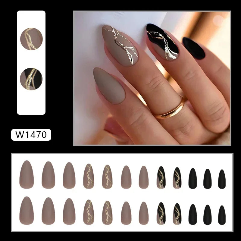 Gold Pink Wine Red 24 Pcs Fake Nail with Jelly sticker Press on False Nails Wearable Round Head Oval Full Cover Nail Tips
