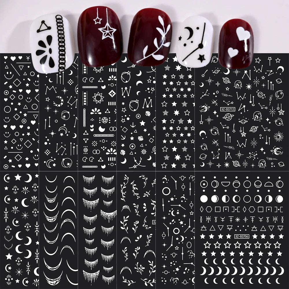 12Pcs Gold/Silver Tasse/Line/Star/Moon 3D Nail Art Stickers Leaf/Geometric Design Self-adhesive Sliders Luxury Manicure Decals