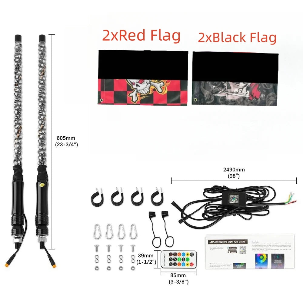 2FT LED Whip Lights Lighted Antenna Whips For ATV UTV Polaris RZR Off Road Truck Sand Buggy Dune Flagpole Lamp