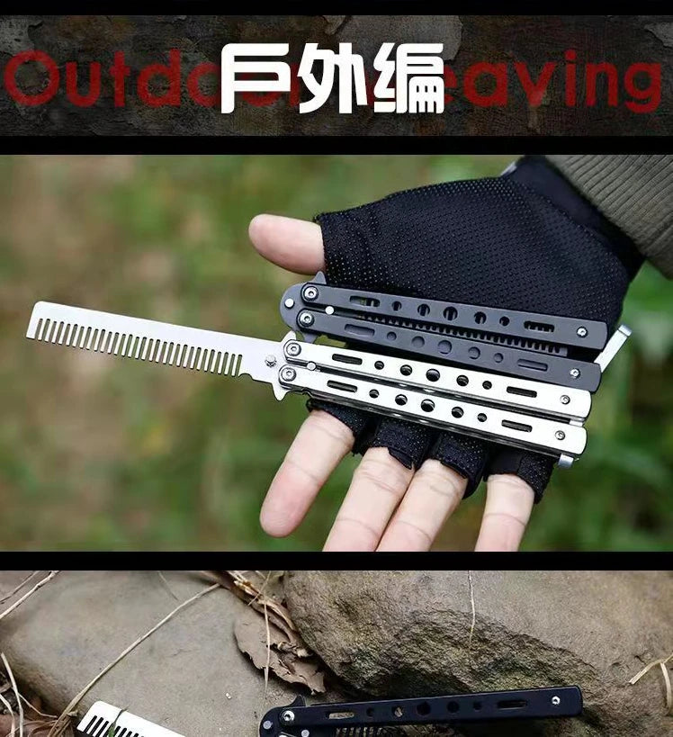 Foldable Comb Stainless Steel Practice Training Butterfly Knife Comb Beard Moustache Brushe Salon Hairdressing Styling Tool