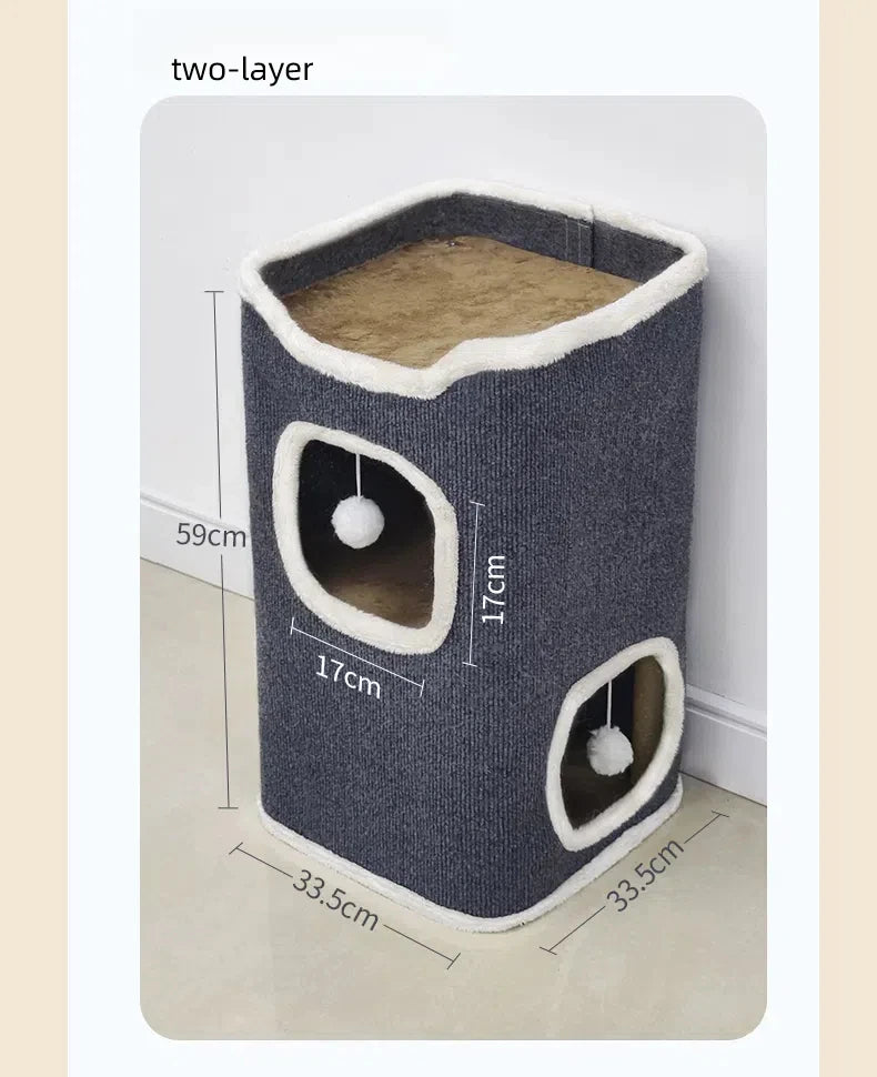 3-tiers Cat Bed Pet House Covered Cave with soft mat Large Hideaway Cat Tent with Fluffy Ball Hanging