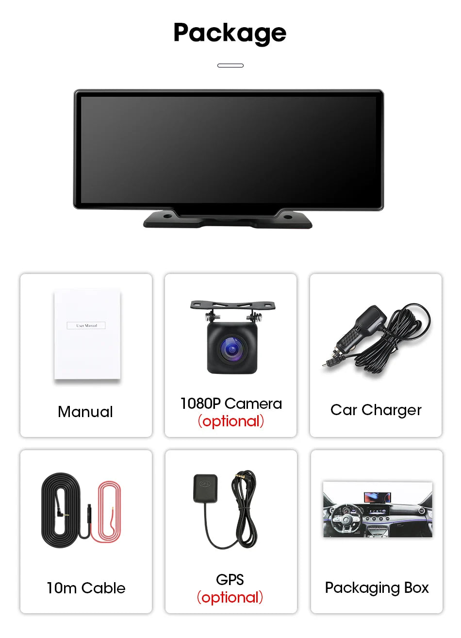 10.26" Car DVR Carplay Android Auto Dashcam 4K 3840*2160 Front And 1080P Rear Camera Voice Control BT FM GPS Recorder Dual lens