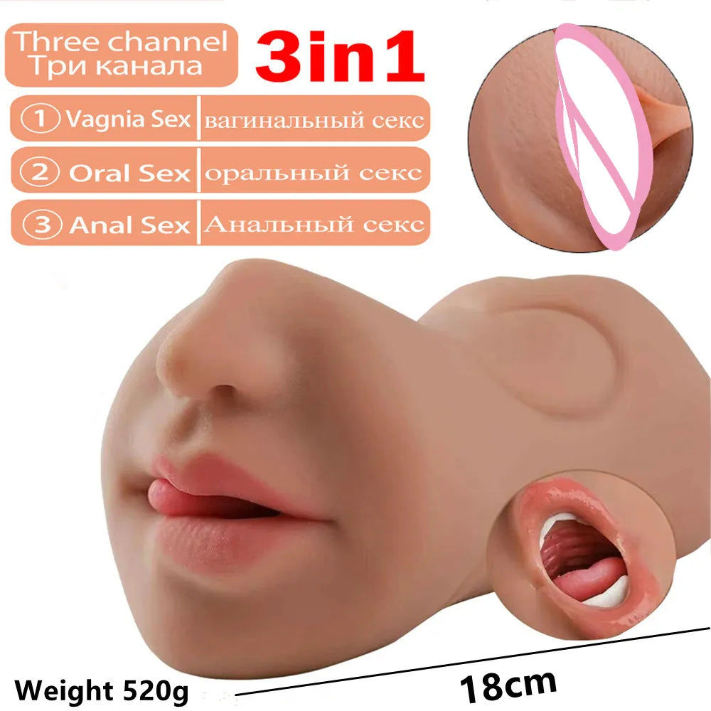 3 IN 1 Male Masturbator Silicone Vagina Real Pussy Open Mouth Teeth Realistic Sex Deep Sex Toys for Men Oral Masturbation Sextoy