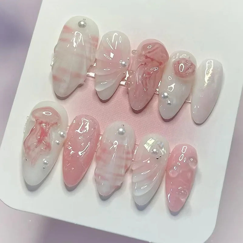 24PCS 3D Sweet Pink Flower Almond Press on False Nails with Yellow French Diamonds Fake Nails Artificial Wearable Tips with Glue