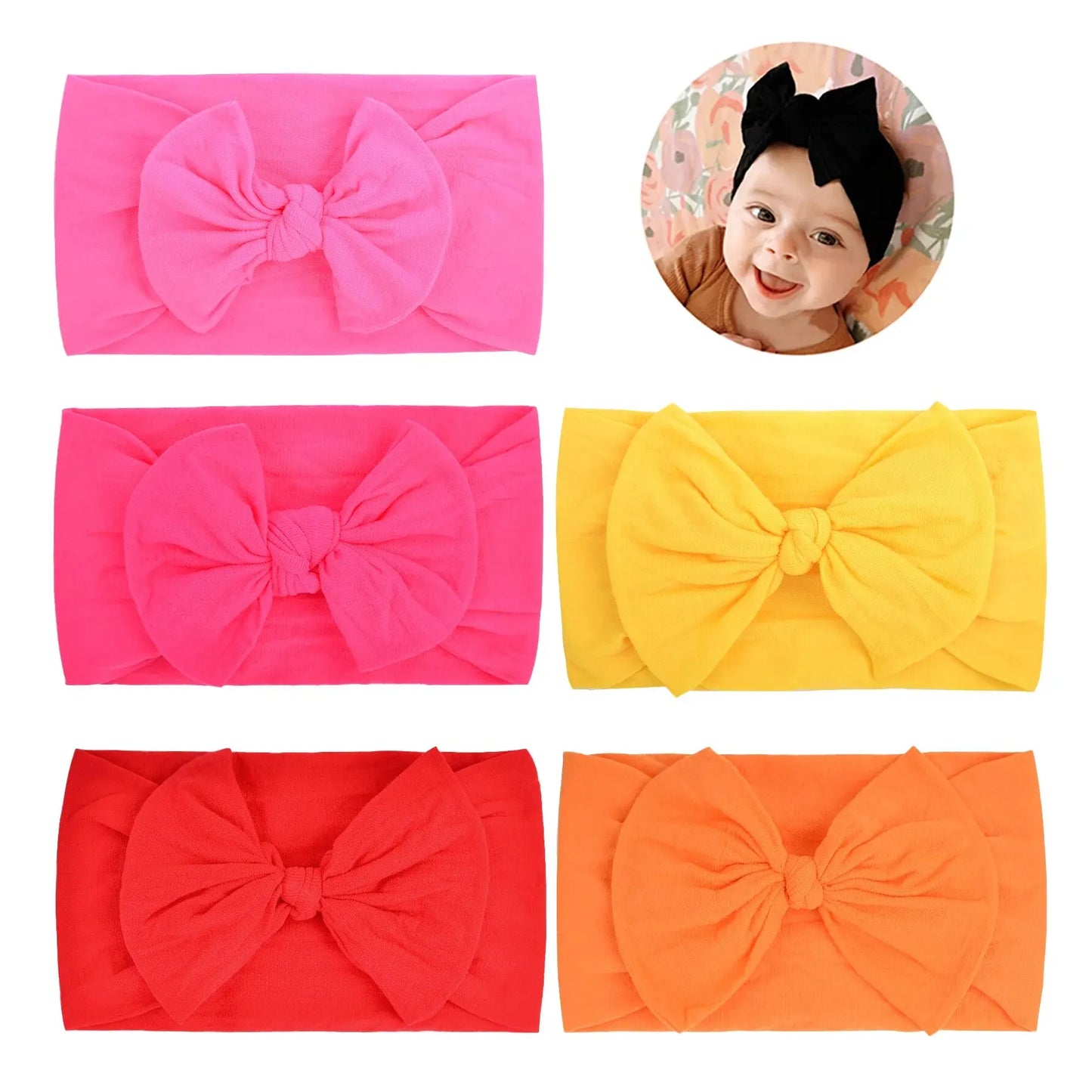 Set of 5 Comfortable Baby Nylon Bow Headbands Super Soft High Elastic Headband Hair Accessories