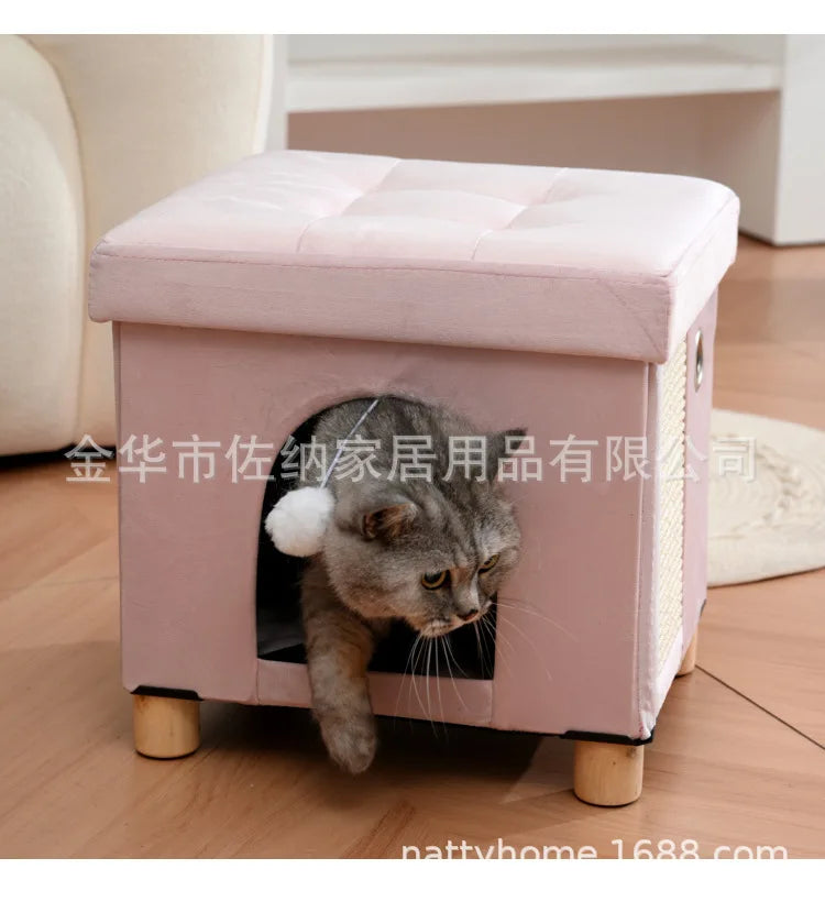 Multi Functional Cat Bed with Wooden Legs Foldable Pet Stool for Sitting