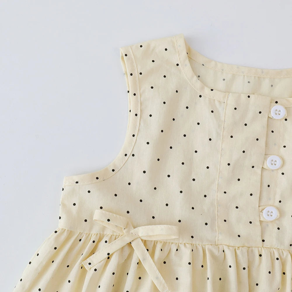 Bear Leader Baby Girl's Casual Clothing Round Neck Sleeveless Polka Dot Top+Wide Leg Pants Set with Bow and Botton 2PCS Set