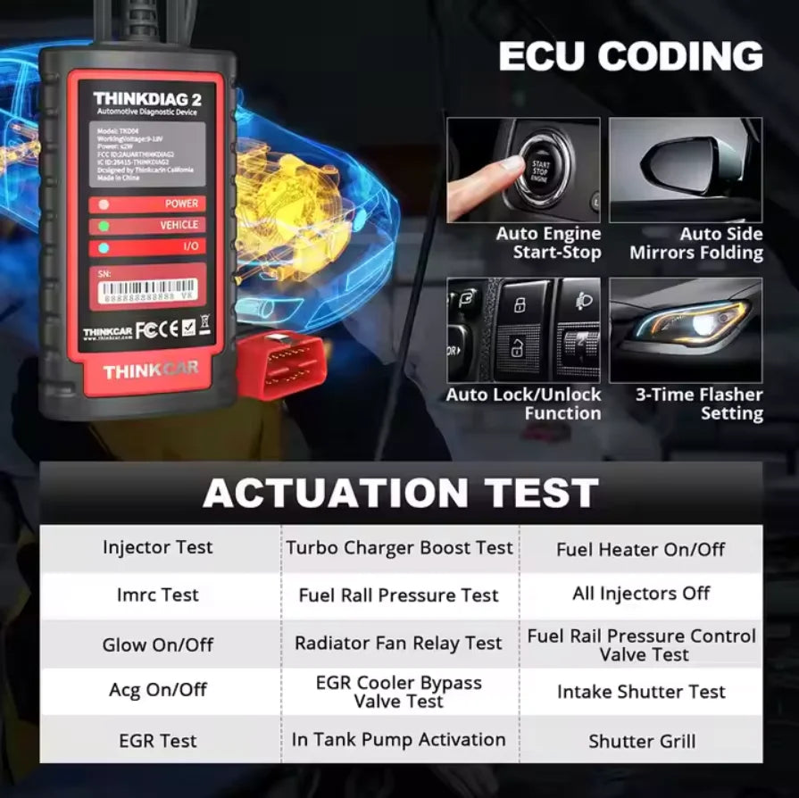 THINKCAR THINKDIAG 2 Car OBD2 Scanner Code Reader Full System 16 Resets CAN FD ECU Coding Auto Professional diagnostic tools