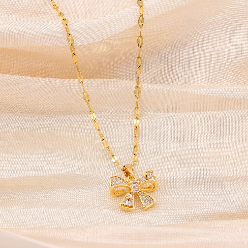 New Fashion Sweet Zircon Crystal Bowknot Pendant Necklaces For Women Temperament Gold Color Stainless Steel Neck Chain Jewelry