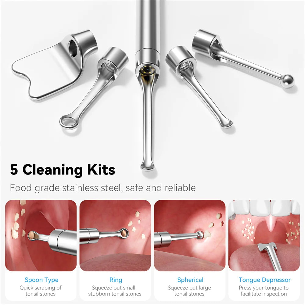 Visual Tonsil Stone Cleaner with Camera and Light 5pcs Heads USB Rechargeable Compatible with IOS and Android Simple and Safty