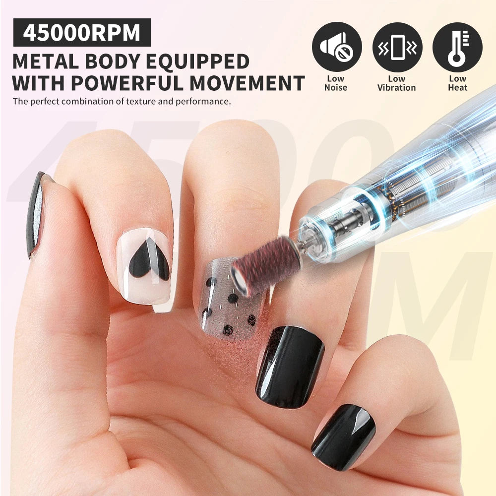 45000RPM Nail Drill Machine Kit Rechargeable Electric Portable Nail Sander File for Gel Nails Polishing For Manicure Salon Home