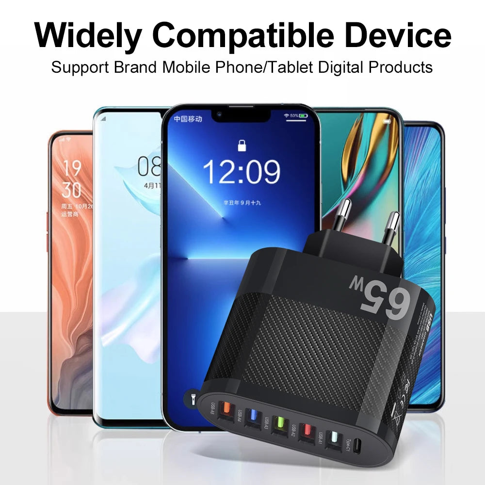 65W 5Ports USB Charger PD Fast Charging Adapter For Xiaomi iPhone 15 14 13 Samsung Mobile Phone Plug Charging QC3.0 Wall Charger