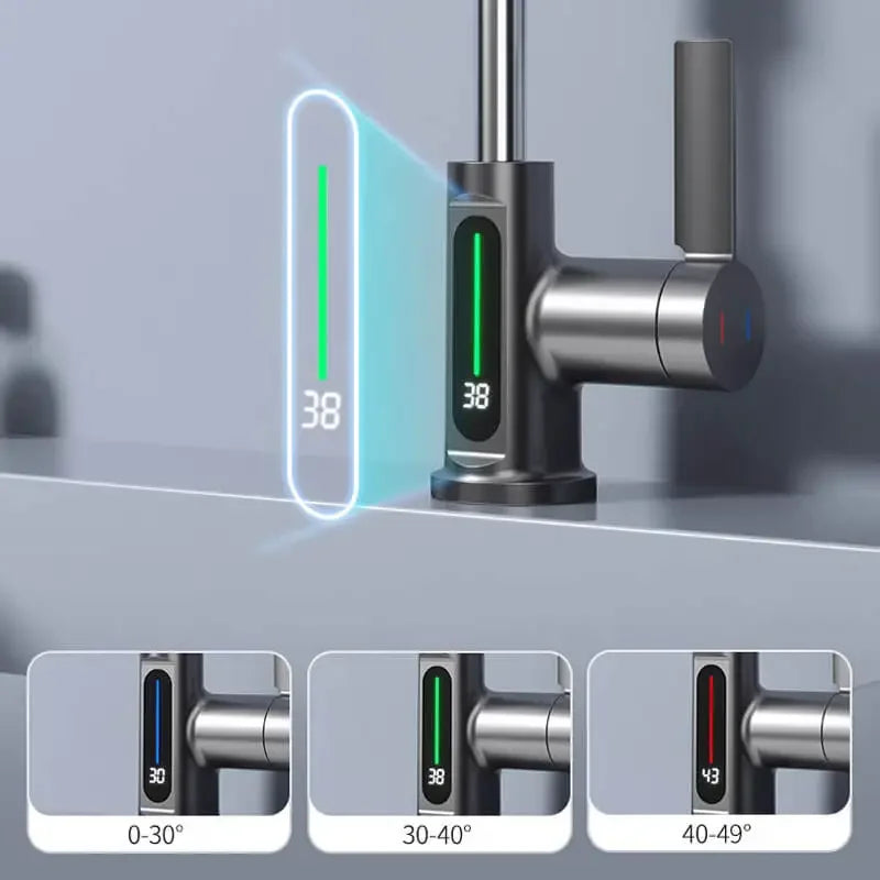 Temperature Digital Display Basin Faucet For Bathroom Pull Out Waterfall Stream 3 Way Sprayer Hot Cold Water Sink Mixer Wash Tap