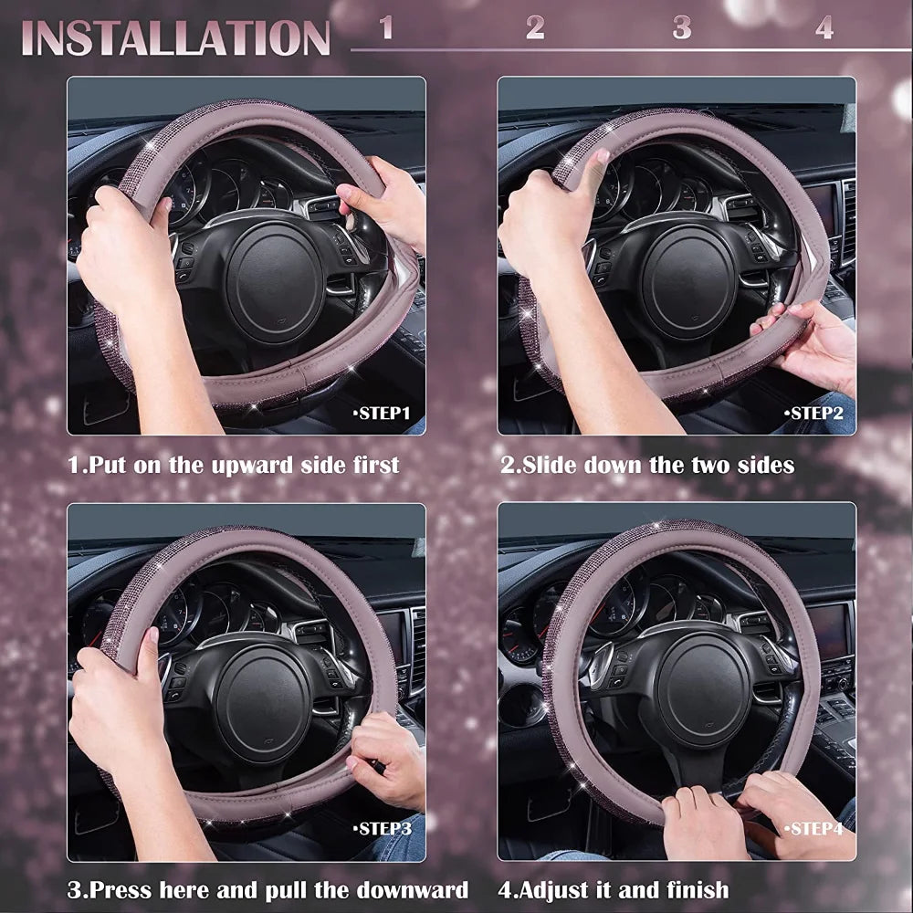 38cm CAR PASS Red Diamond Black Leather Steering Wheel Cover With Bling Crystal Rhinestones Universal