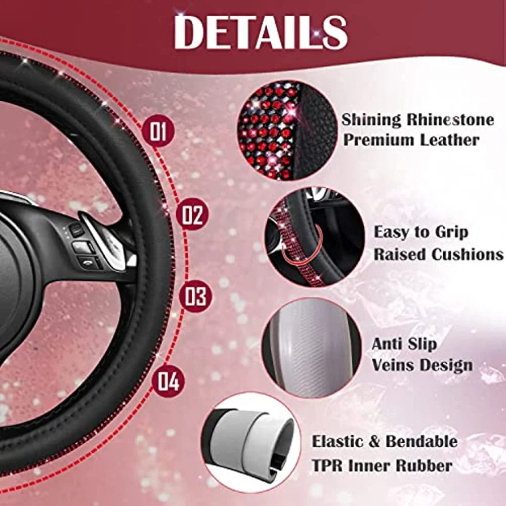 38cm CAR PASS Red Diamond Black Leather Steering Wheel Cover With Bling Crystal Rhinestones Universal