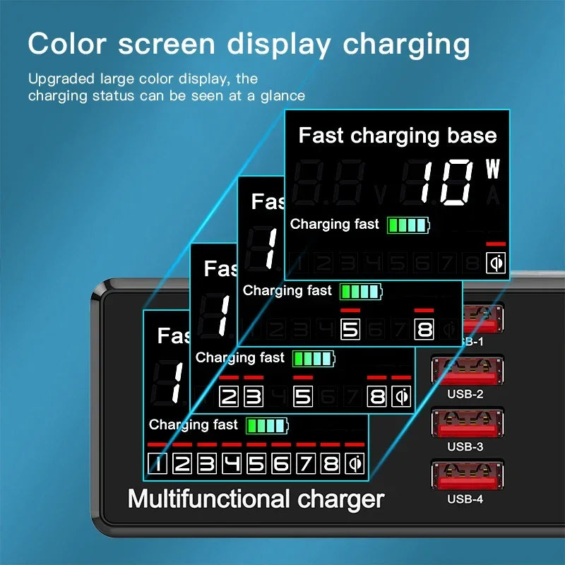 100W 8 Ports USB Charger Station Wireless Charging Digital Display Screen QC3.0 PD3.0 Quick Charge For iPhone16-12 Xiaomi Tablet