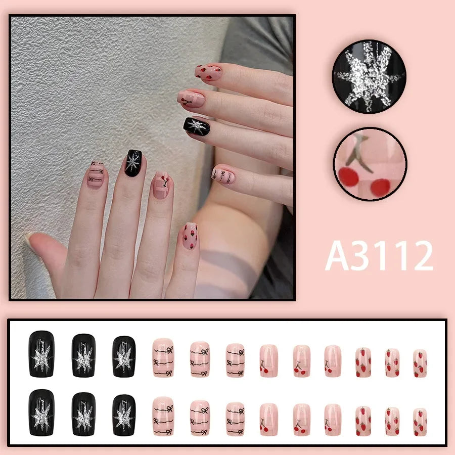 Watercolor Rose Fake Nail with Jelly sticker Press on False Nails Wearable Round Head Oval Full Cover Nail Tips