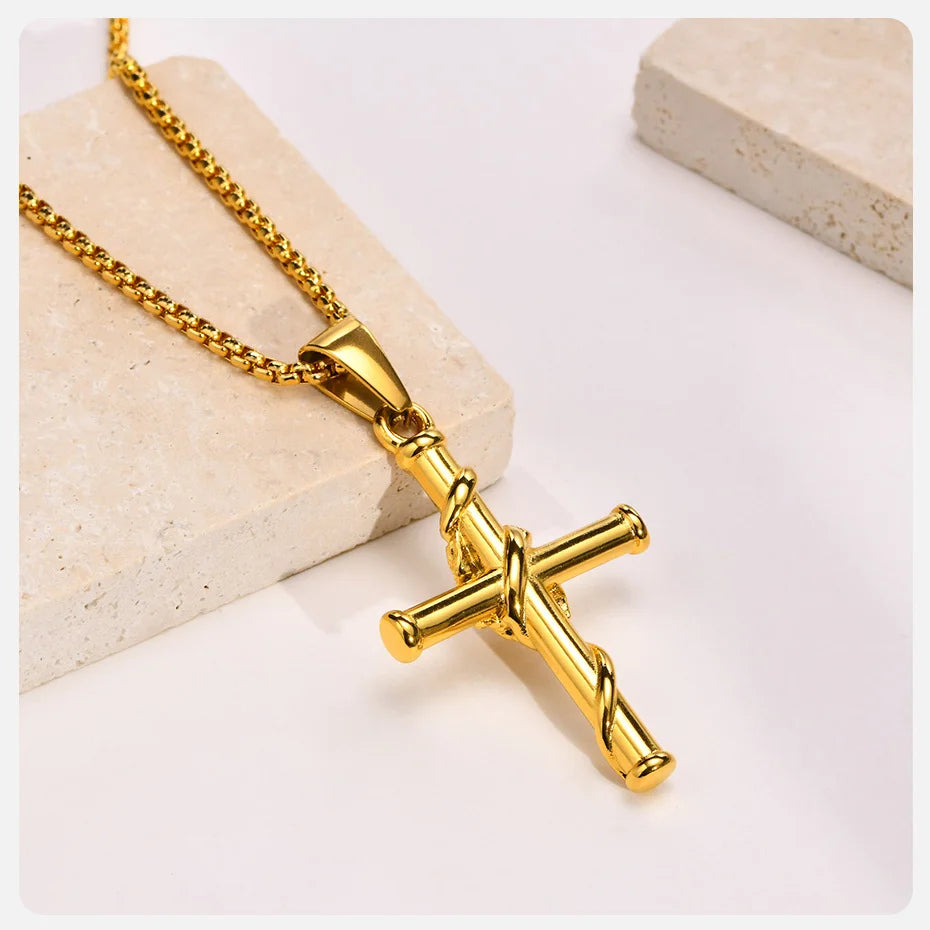 Vnox Men Cross Necklace, Stainless Steel Rose Cross Pendant with Box Chain, Unisex Cool Crucifix Jesus Faith Aesthetic Collar