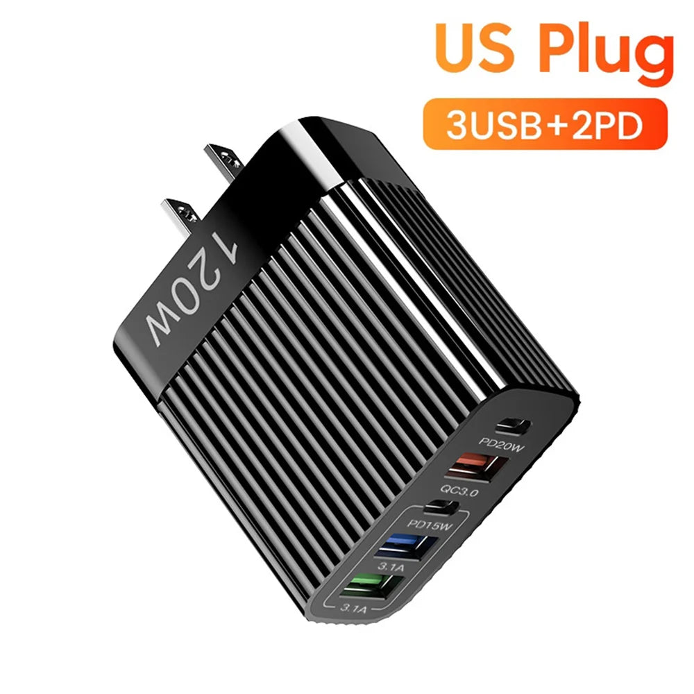 Total 120W USB Charger Quick Charge Multi Ports Fast Charging Phone Charger For iPhone Samsung Xiaomi Huawei Type C Wall Charger