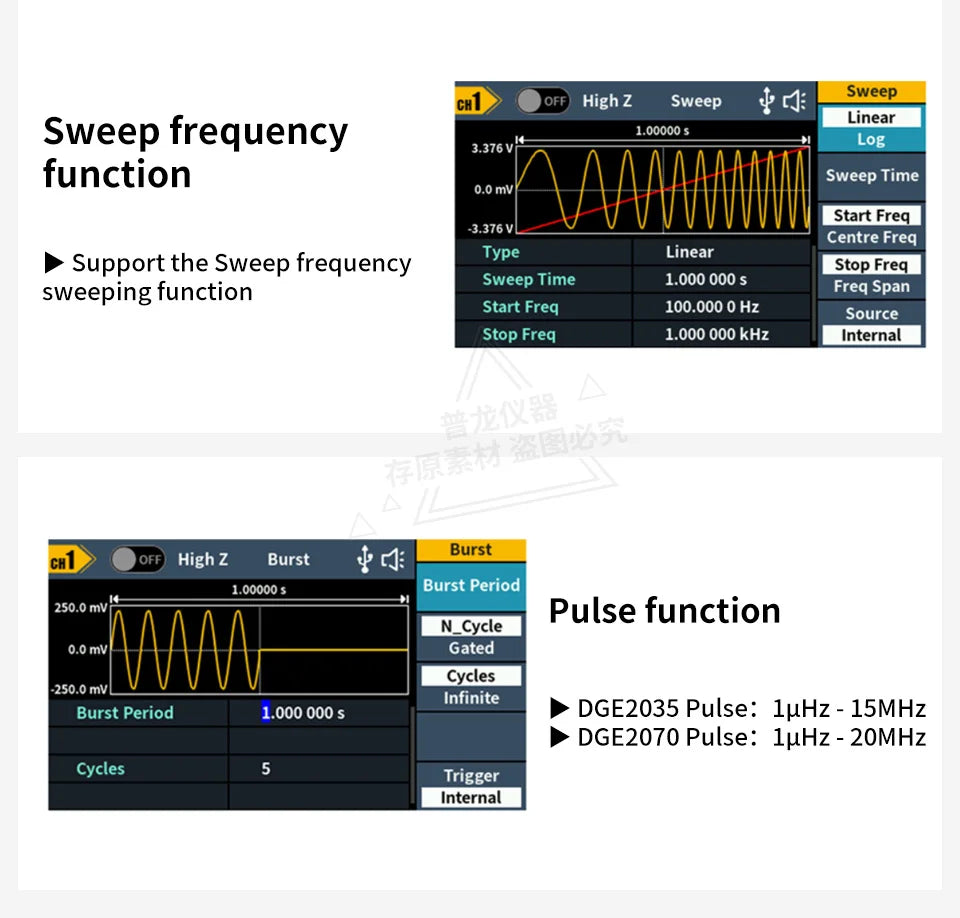 Owon 2-Ch function arbitrary waveform signal generator DGE2035/2070 30/70MHz 14bits, modulation, swept frequency, pulse, storage