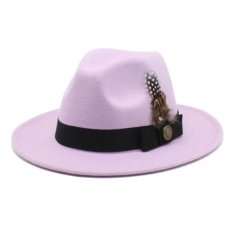 White Woolen Gentleman Classic British Jazz Feather Top Hat Wide Brim Party Church Wedding Fedora Hats Men Women Panama Felt Cap
