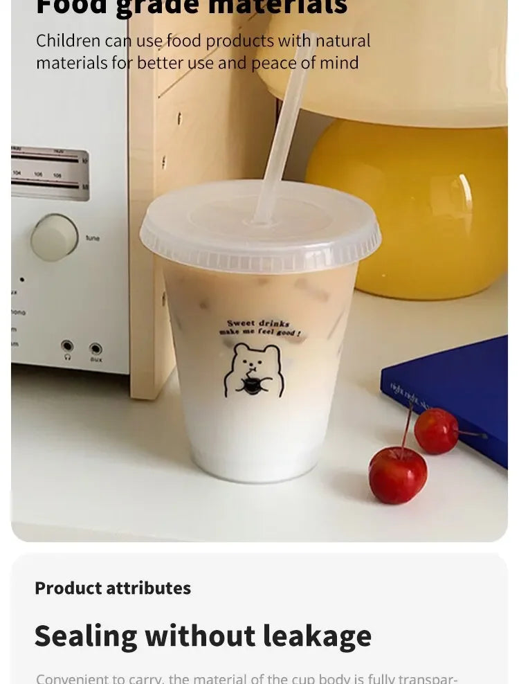 Cartoon Bear Pattern Large Capacity Plastic Straw Cup Handheld Beverage Cup Suitable For Coffee Milk Tea