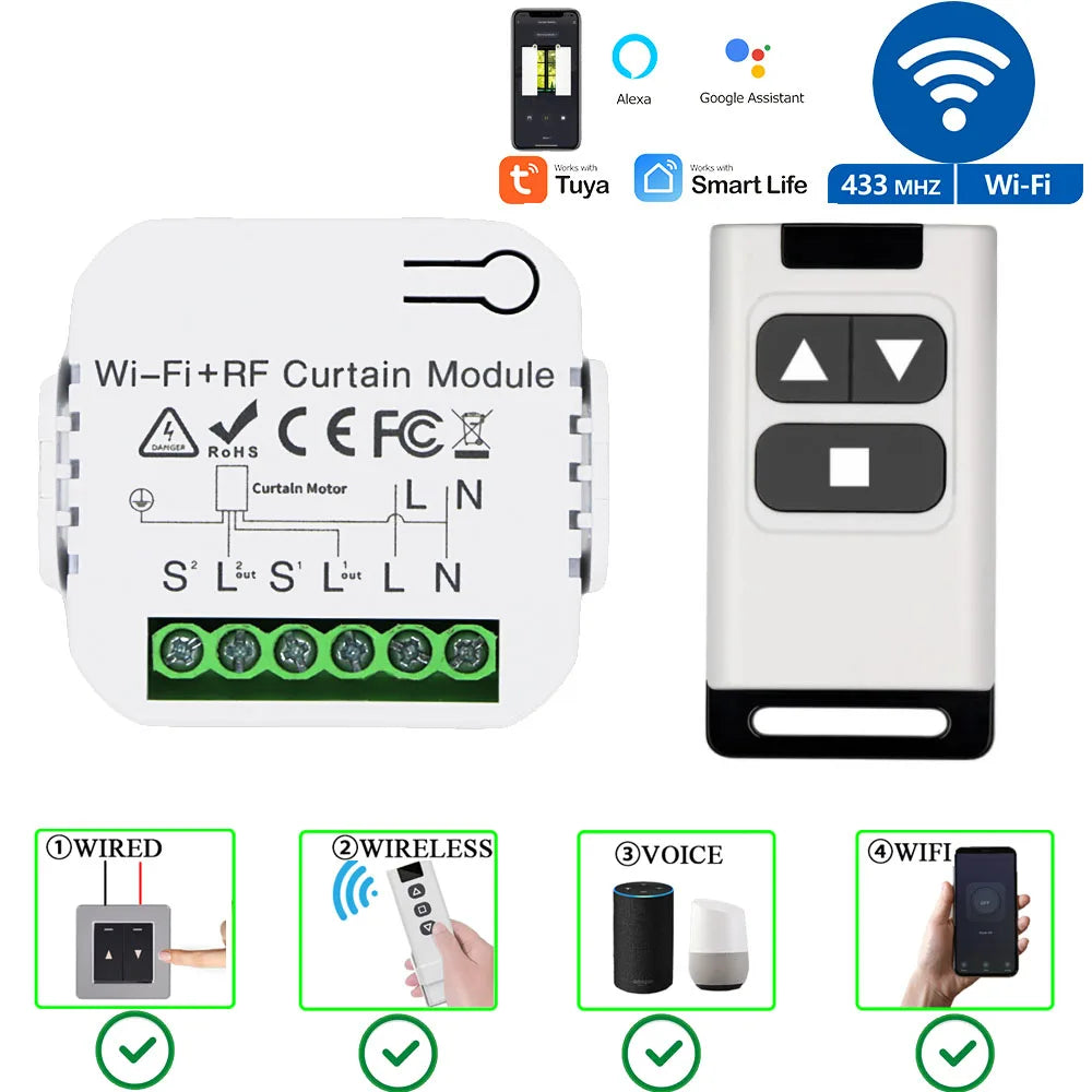 Tuya WiFi RF Smart Curtain Switch Smart Life Wireless Roller Shutter Remote Controller 110V 220V Timing Module,for Google/Alexa