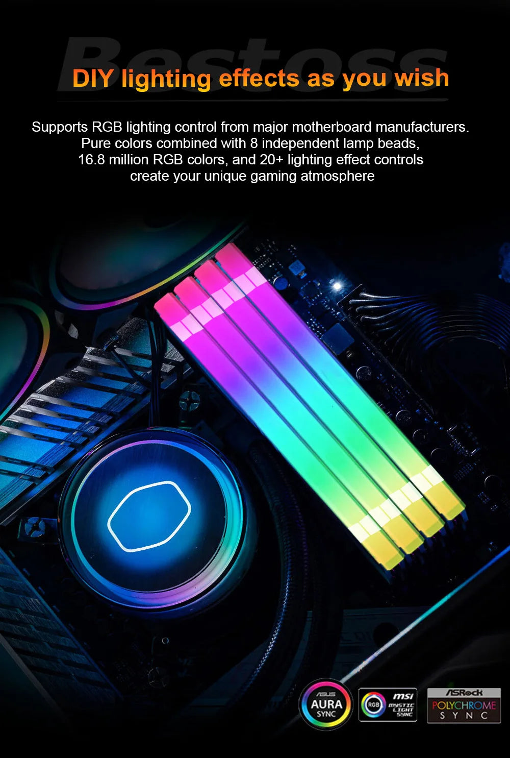 Bestoss Memoria RAM RGB DDR4 8GB 16GB 32GB (2x16GB) Kit 3200 3600MHz 288pin 1.2V DIMM RAM For Desktop