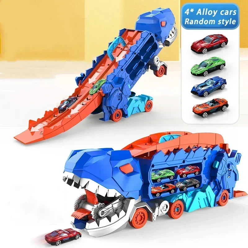 Transport Dinosaur Truck with Foldable Sliding Race Track Transforms into Standing T-rex Best DIY Birthday Gifts Toys Boys Girls