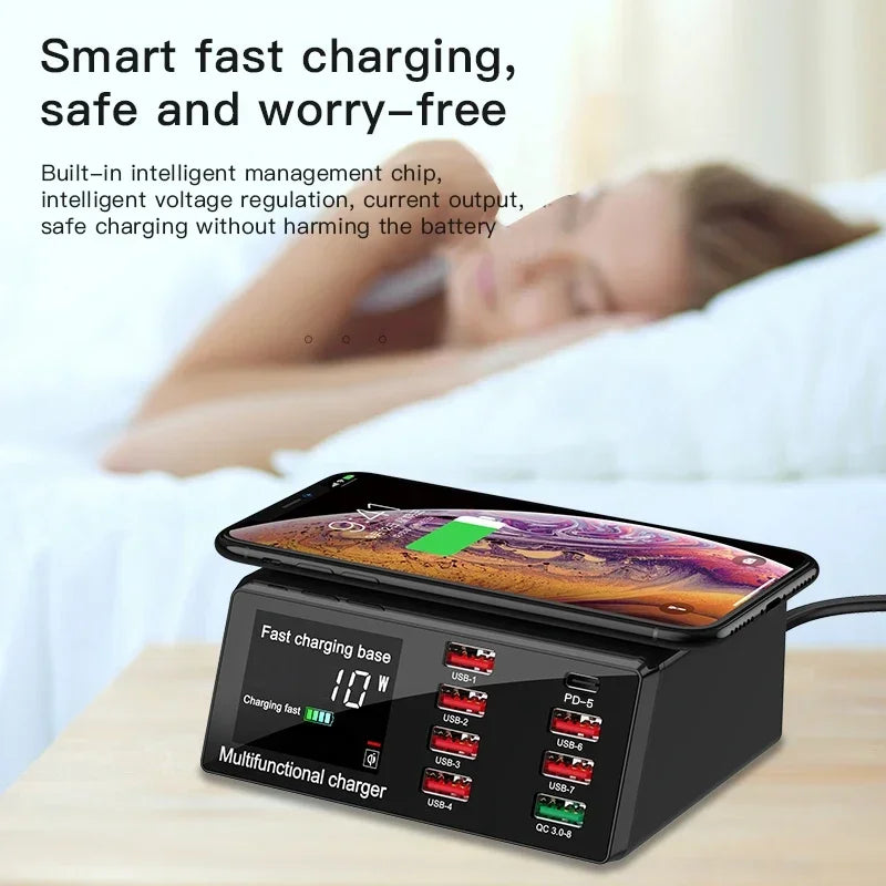 100W 8 Ports USB Charger Station Wireless Charging Digital Display Screen QC3.0 PD3.0 Quick Charge For iPhone16-12 Xiaomi Tablet