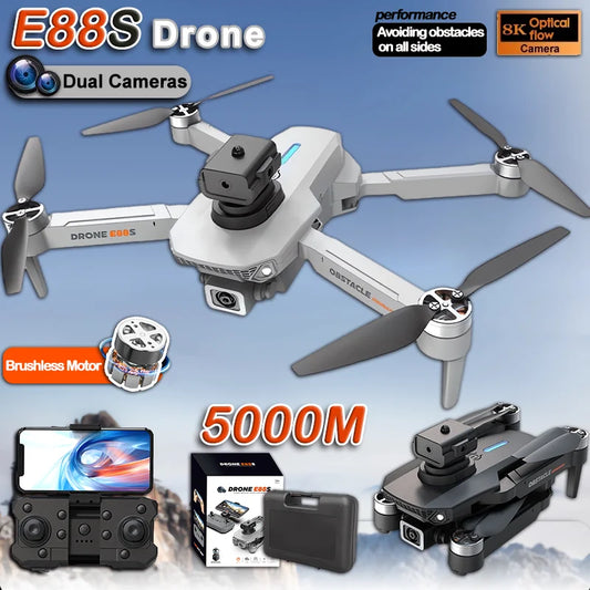 E88S RC Drone 4K Wide Angle Optical Flow Dual HD Camera Avoiding Obstacle Brushless Motor with Remote Control Foldable