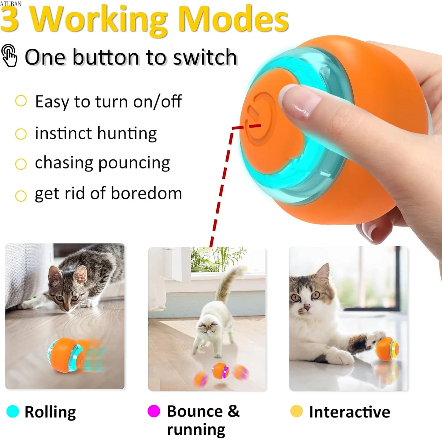ATUBAN Moving Cat Toy Ball,Motion Activated Cat Toy for Indoor Cat,Interactive Cat Ball,Smart Cat Toy for Exercise Entertainment