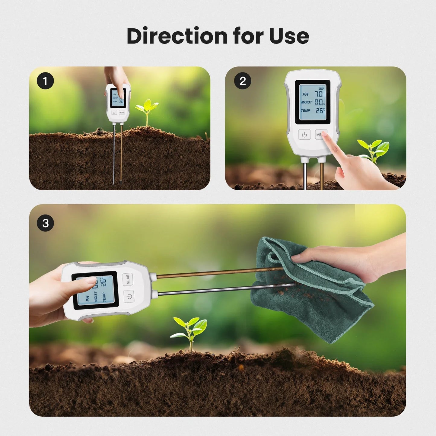 MOES 3 in 1 Soil PH Detector Tester LCD Screen Thermometer Temperature Moisture Meter For Gardening Flower Potted Plantation