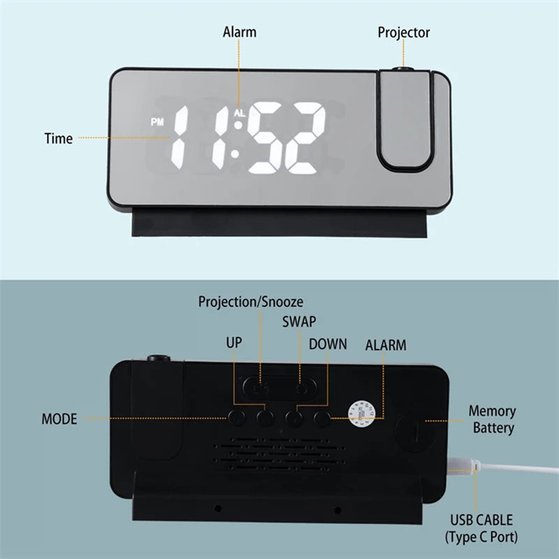 LED Digital Projection Alarm Clocks Projection Alarm Clock for Bedroom USB Electronic Ceiling 180° Rotation for Bedroom Clocks