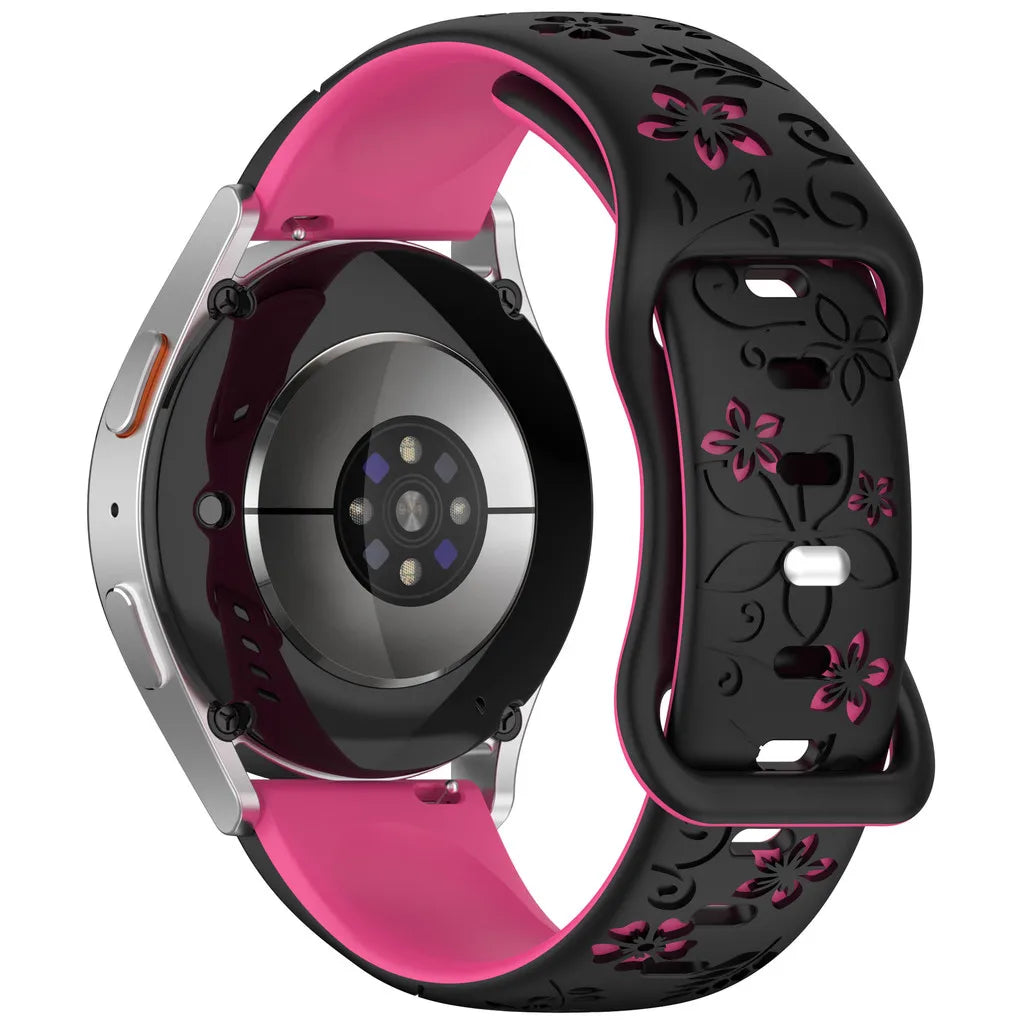 Two-color Flower Design Floral Engraved Silicone Strap 18/20/22mm, For Amazfit GTR, Huawei,Garmin Samsung Galaxy Watch 7 6 5 4