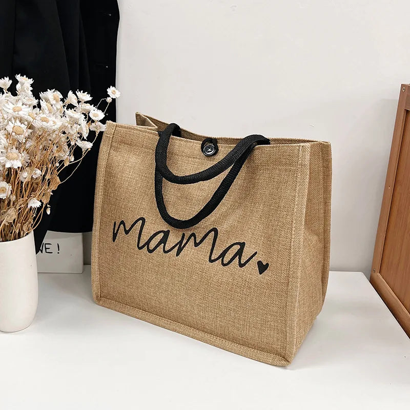 Women Large Capacity Tote Bag Mama Letter Printing Casual Fashion Linen Handbag Shopping Shoulder Bag Mother’s Day Gifts for Mom