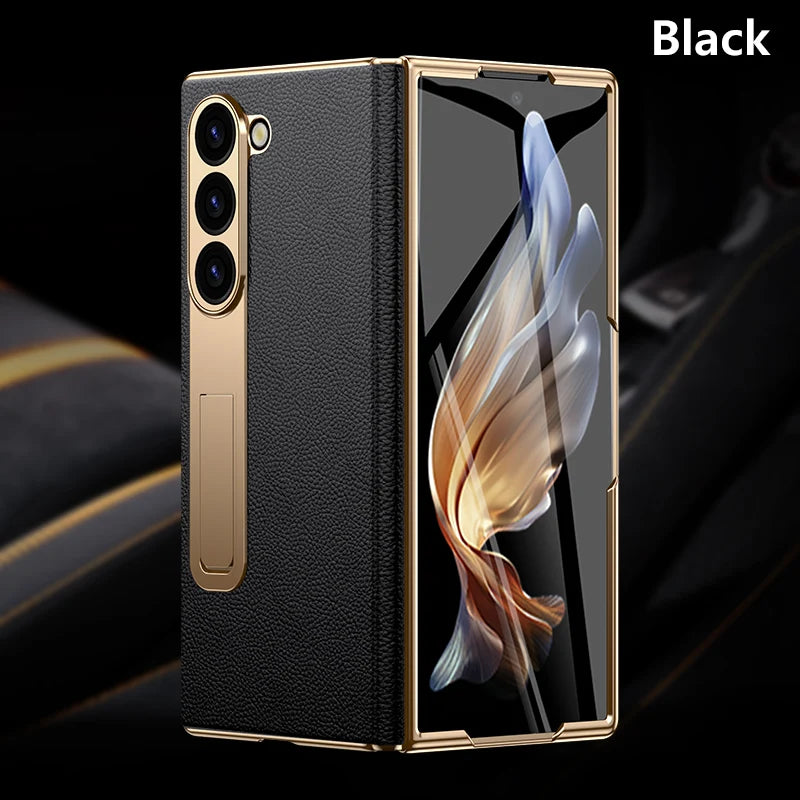 LANGSIDI Leather Case for Samsung Galaxy Z Fold 7 6 5 4 3 Fold6 Fold7 Gold Plating Magnetic Hinge Stand Cover with Mirror Film