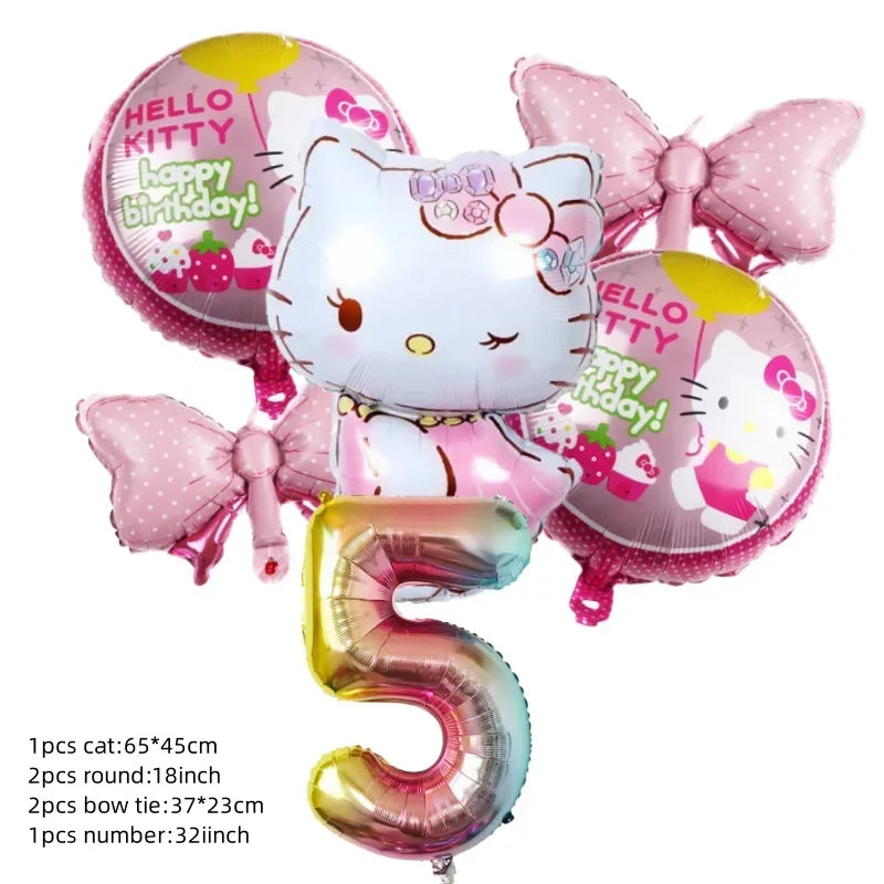 Cute Cartoon Kitty Cat Balloons Set First 5th 6th Birthday Decoration Baby Shower Globos Hello Cake Topper Backdrop Candy Box