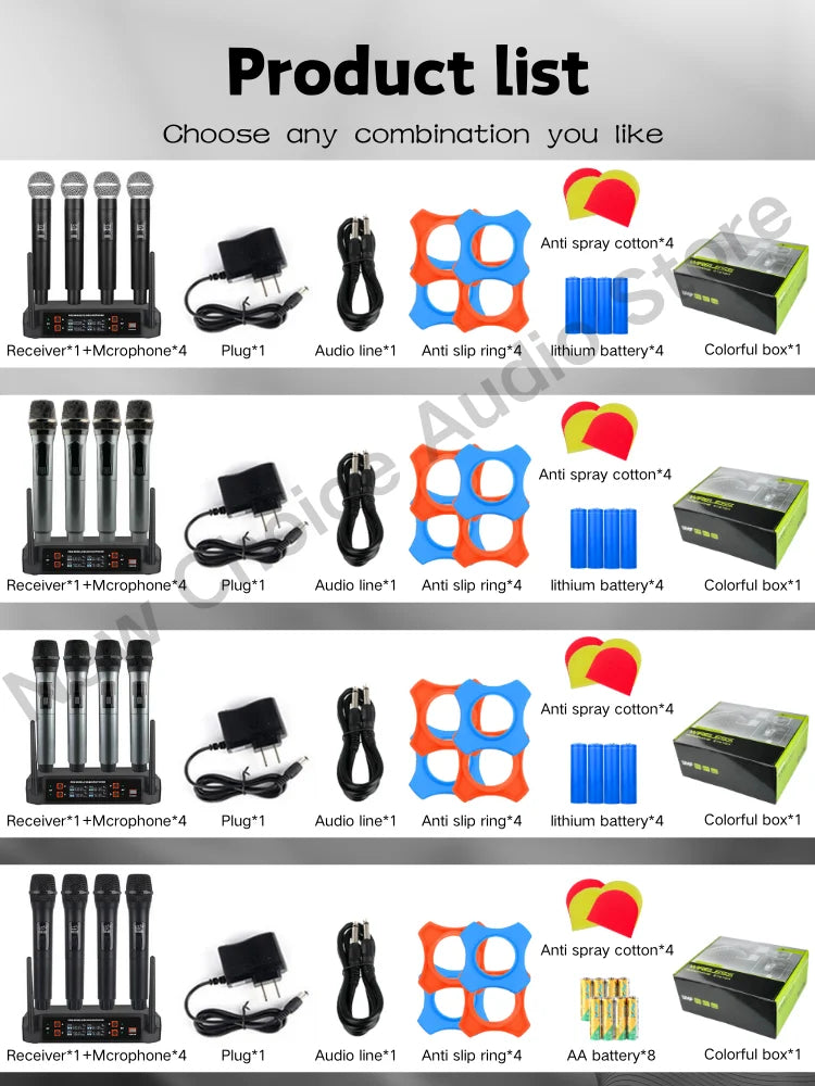 Wireless Microphone Handheld 4 Channel UHF Fixed Frequency Dynamic Microphone For Karaoke Wedding Party Band Church Performance