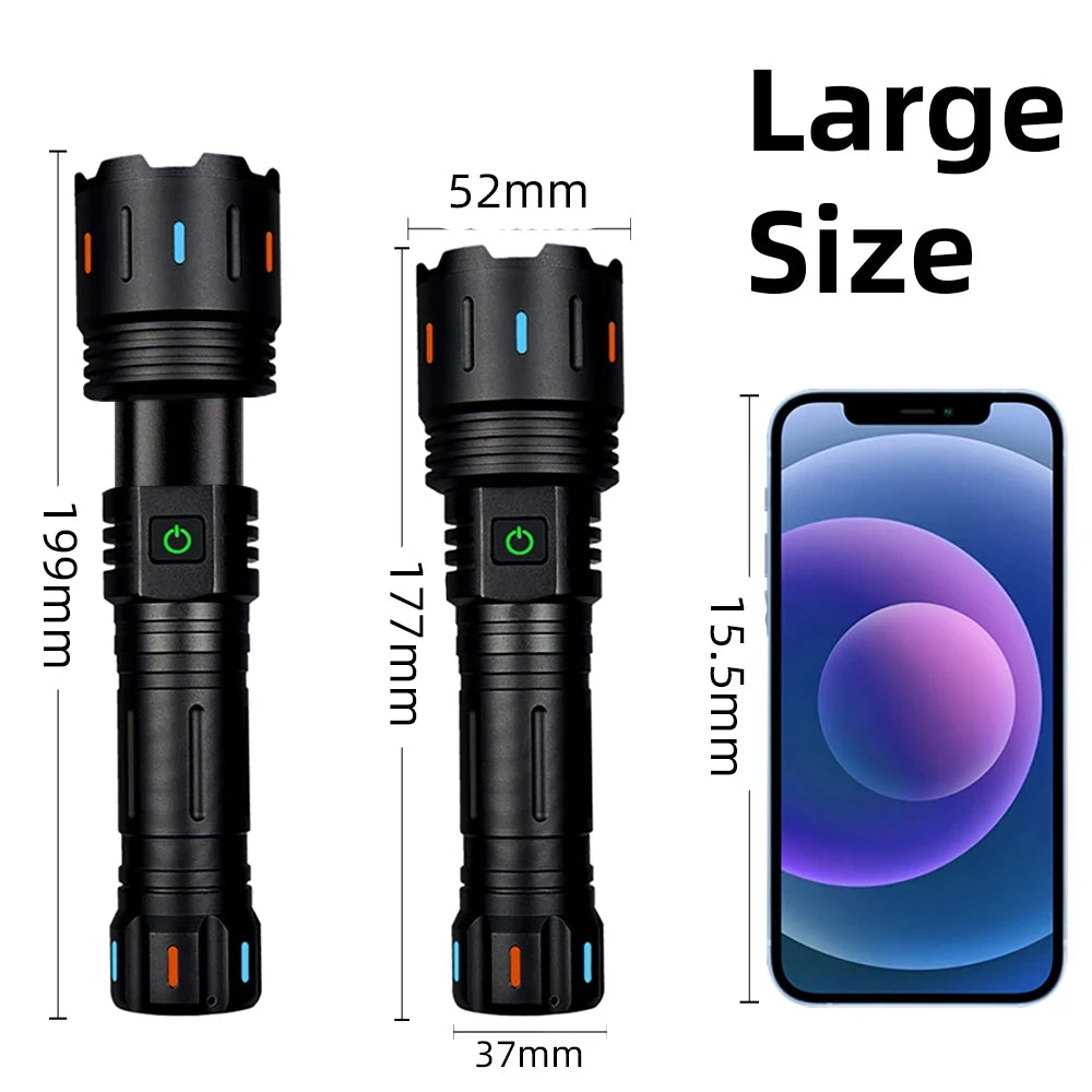 White Laser LED Flashlight with Power Bank Long Range High-Power Type-c Charging Tactical Torch 50W Outdoor Adventure Lighting