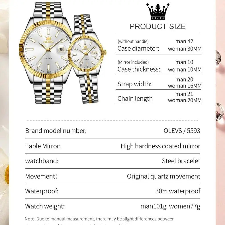 OLEVS 5593 Couple Watch Fashion Business Waterproof Stainless Steel Watch Luxury Brand Classic Date Week Clock Men Women Watch