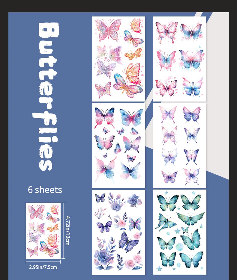 6pcs Glitter Gradient Dreamy Butterfly Waterproof Temporary Tattoo, Long-Lasting Waterproof, Realistic Fake Tattoo