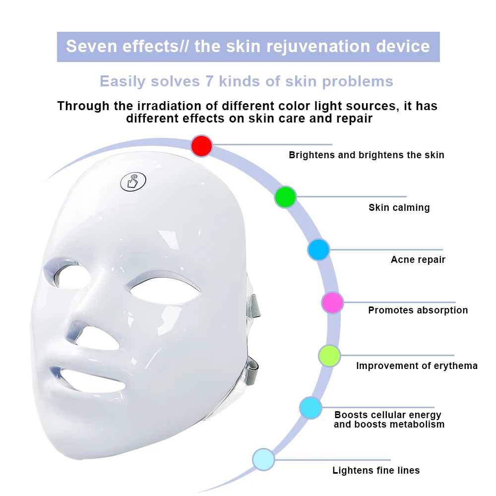 7 Colors LED Facial Mask Photon Therapy Face Skin Care Mask Anti Acne Therapy Skin Rejuvenation Wrinkle Removal Face Beauty Mask