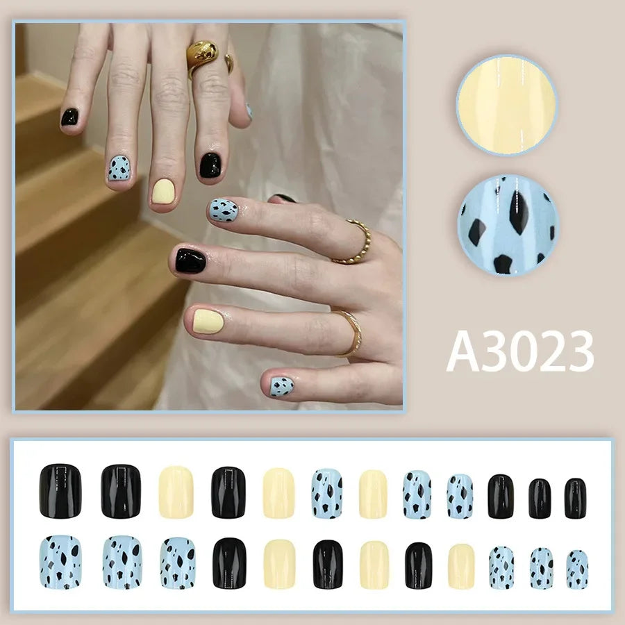 Watercolor Rose Fake Nail with Jelly sticker Press on False Nails Wearable Round Head Oval Full Cover Nail Tips