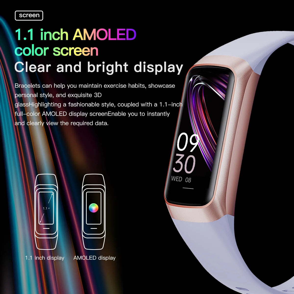 Fitness Tracker Activity For Women/Men, 1.1 "AMOLED Waterproof Sports Watch Health Sleep Monitoring Smart Band, Android/ IPhone